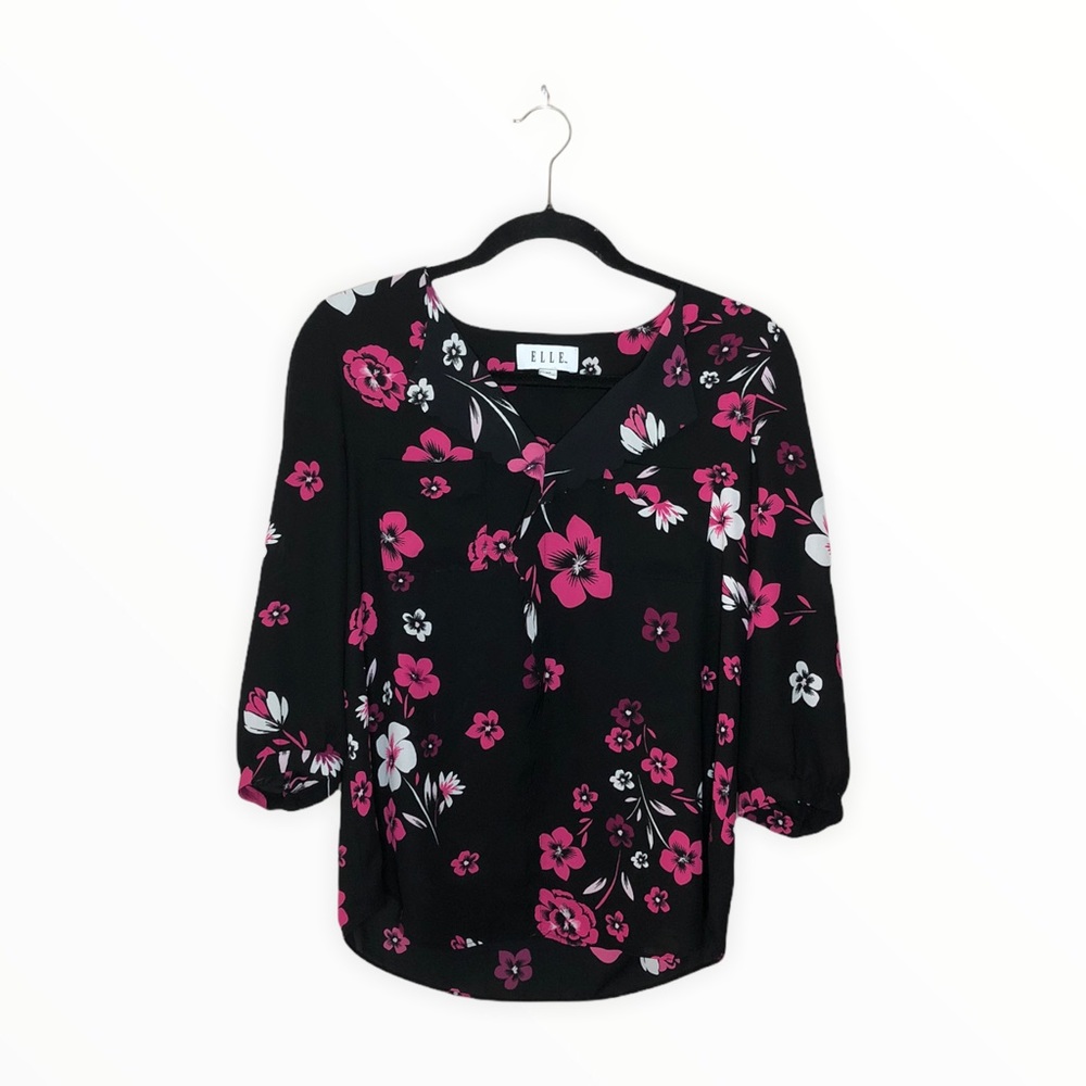 Elle Black Pink Floral Long Sleeve V-Neck Blouse Sz XS